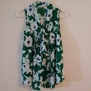 Green white blue sleeveless floral sheer blouse